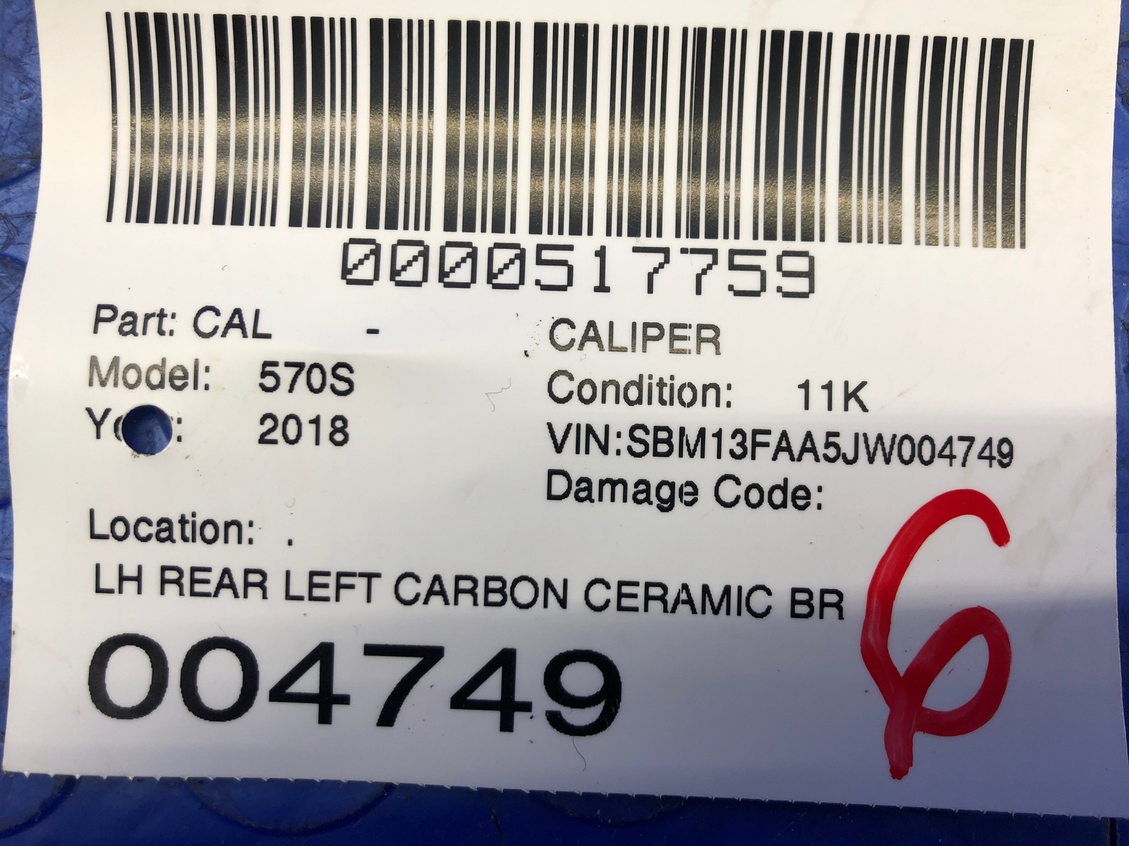 2016-2021 MCLAREN 570S OEM REAR LEFT CARBON CERAMIC BRAKE CALIPER RED *SCRATCHED