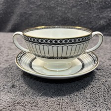 Wedgwood Black Colonnade Bone China 2 Handled Soup Bowl / Coup & Saucer