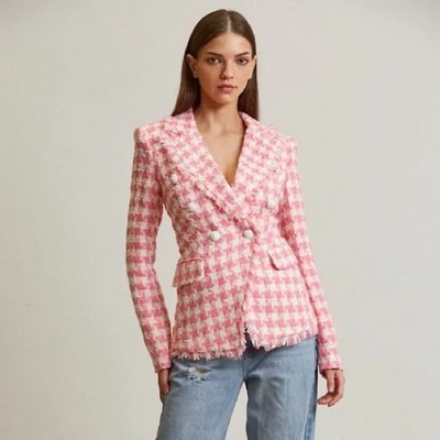 Blithe Pink Tweed Double Breasted Raw Hem Blazer Jacket NWT, Size M