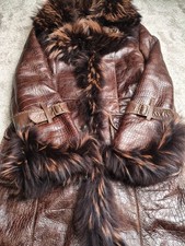 Genuine sheepskin brown Penny Lane Afghan shearling coat fur trim Size XS