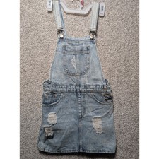 Forever 21 Overall Denim Mini Dress Women SZ M Distressed Y2K Light Wash Pocket