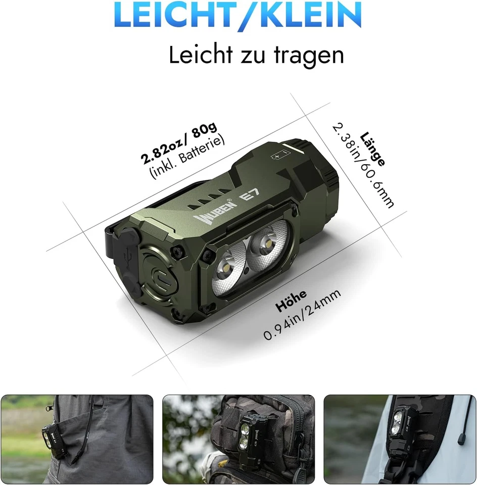 WUBEN Mini Linterna Recargable E7 De 1800 Lúmenes Verde Militar Con Imán, Linter - Imagen 4 de 4