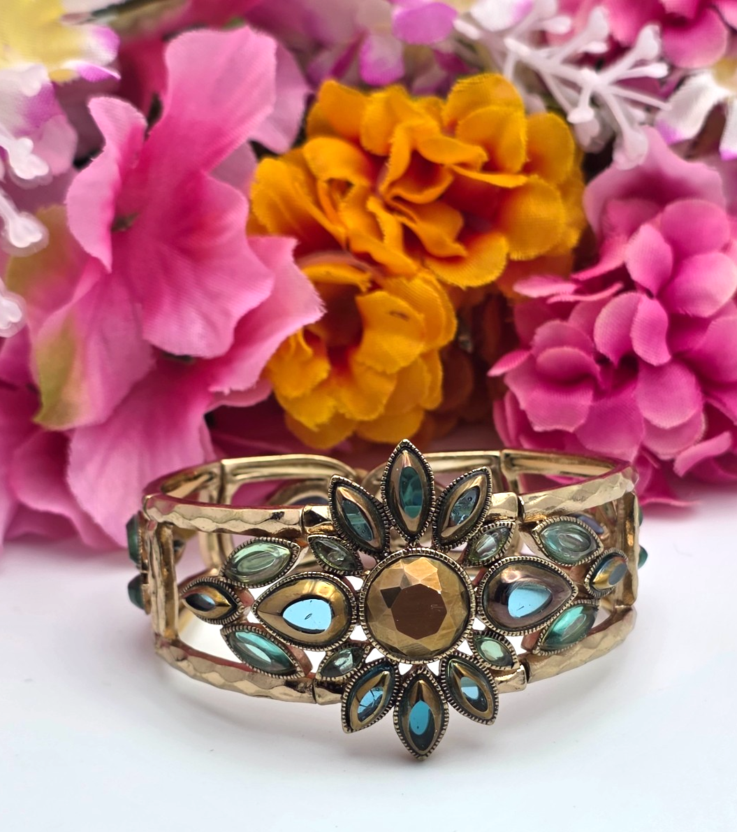 Vintage Gold Tone Floral Stretch Bracelet Blue & Amber  display picture 1