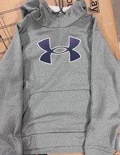 Under Armour Womans Gray Fleece Pullover Hoodie Long Sleeve Logo Pouch Pocket