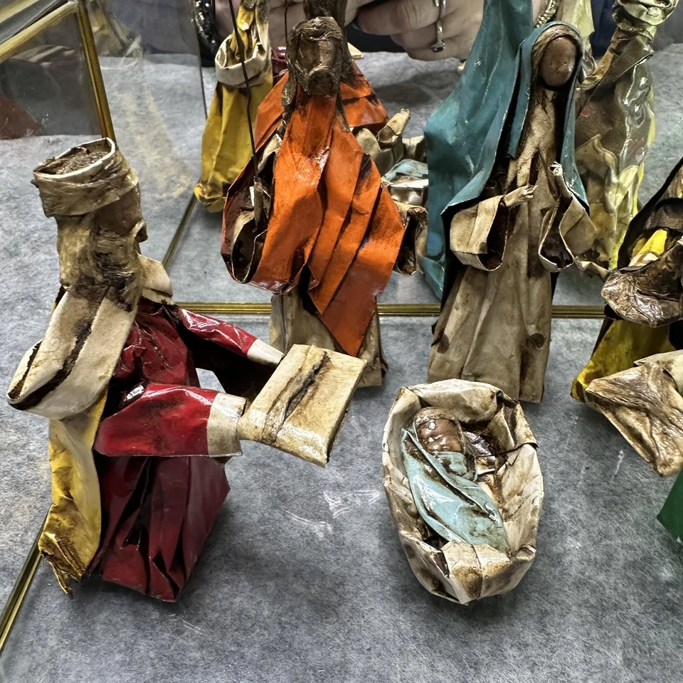 Handmade Paper Mache Nativity Set Glass Brass Display Creche Manger Scene - Image 3 of 4