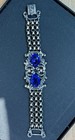 Antique Silver Tone Art Deco Czech Blue Gemstone Filigree Design Bracelet — photo 3