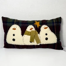 Primitive Style Throw Pillow Snowman Applique Christmas Winter Plaid Flannel