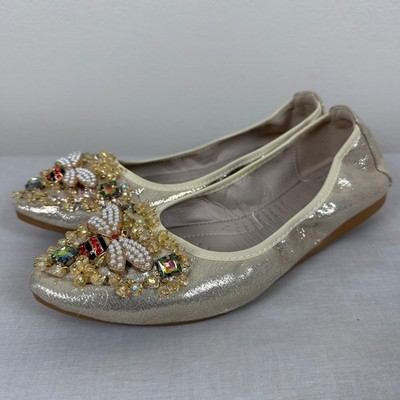 GUANSITU Women's 37 Ballet Flats Gold Rhinestone Bee Pearl Pointed Toe Shimmer