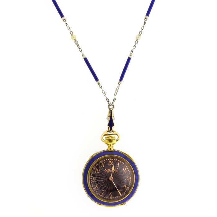 Tiffany & Co. Antique 18K Gold & Blue Enamel Keyless Wind Pendant Watch View 5