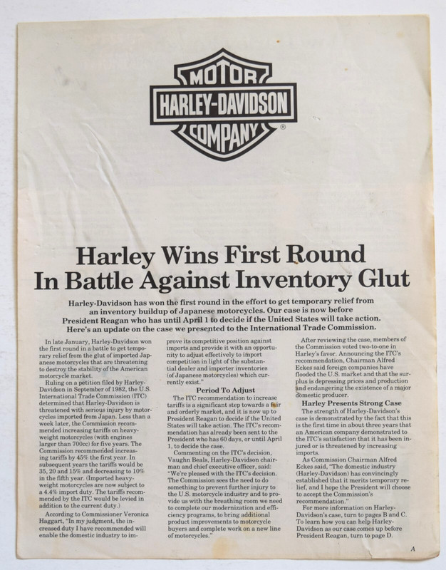 Pamphlet - HARLEY-DAVIDSON WINS FIRST ROUND IN BATTLE AGAINST INVENTORY GLUT