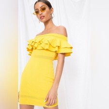 By The Way Yellow Ruffle Off Shoulder Bodycon Mini Dress Size M