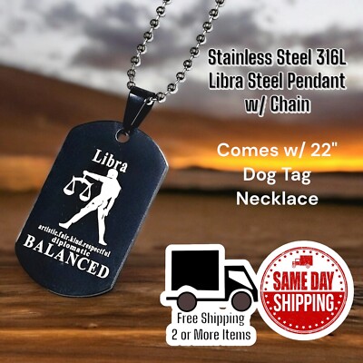 Stainless Steel 316L Libra Dog Tag Pendant w/ 22'' Dog Tag Necklace