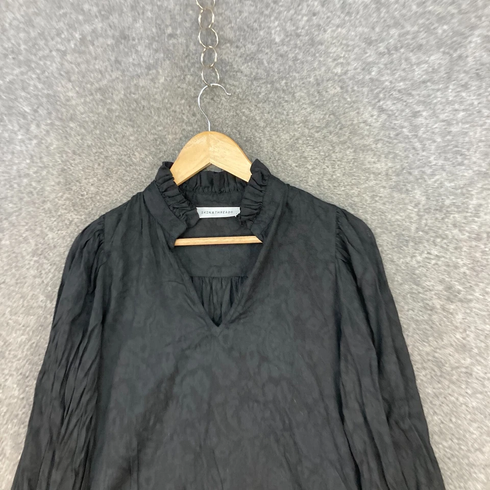 Blusa Skin & Threads para mujer 0 negra manga larga cuello en V camisa de algodón 28108 Foto 3 de 4