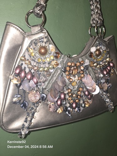 Chicos Glass Bead & Stone Embellished Vegan Leather Purse Shoulder Bag Pewter - Picture 5 of 11