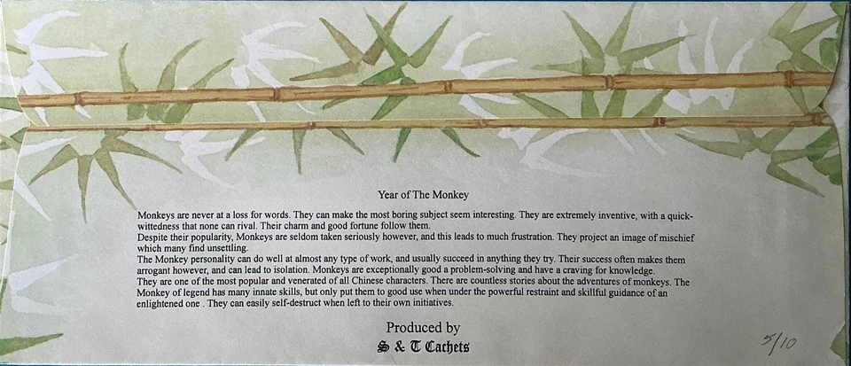 S&T Cachet by Tom OHagen 3832 Year Monkey Australia Monkey King Souv Sheet #10 - Image 2 of 2