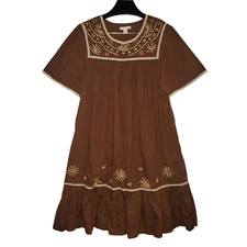 Go Softly Wood Beaded House Patio Dress Women's L Brown Midi Mumu Modest Cottage