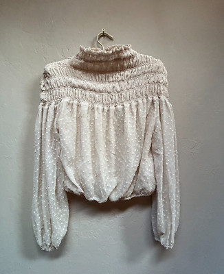 ASTR The Label Womens Libra Top Small Smocked Neck Swiss Dot Sheer Sleeve Cream