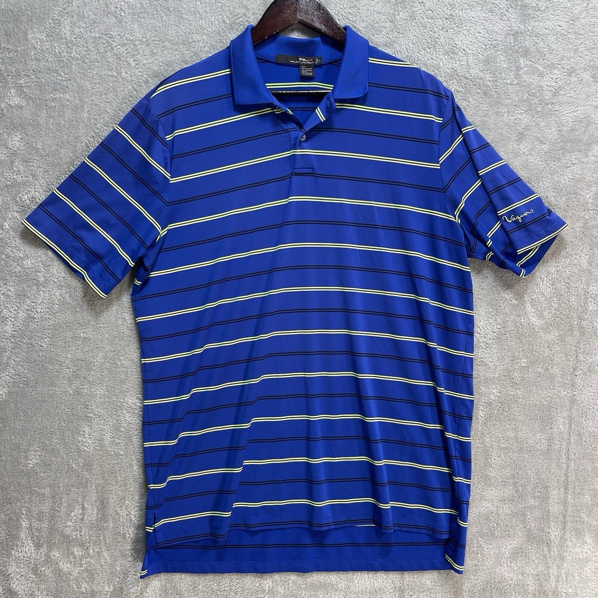 RLX Ralph Lauren Shirt Men's L Blue/Neon Yellow Striped Golf Polo