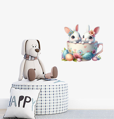 Osterhase Hase in Tasse Blumenei Wandbild Laptop Vinyl Aufkleber Abziehbilder a9966
