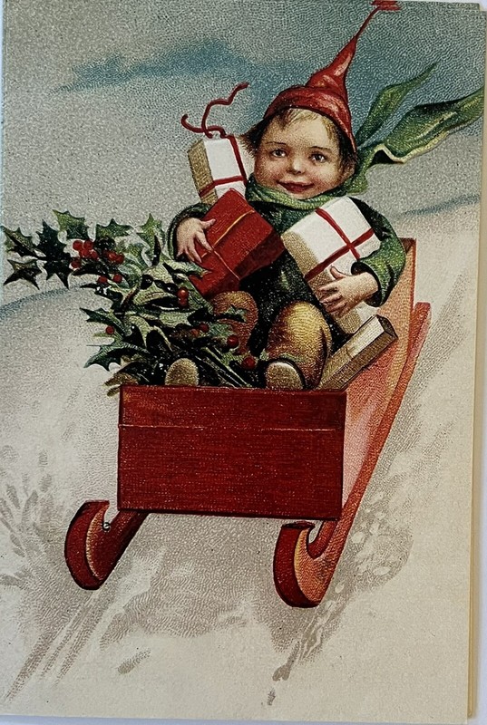 Vintage Inspired Christmas Postcard Little Boy Red Sled Presents #4153 - Tonya