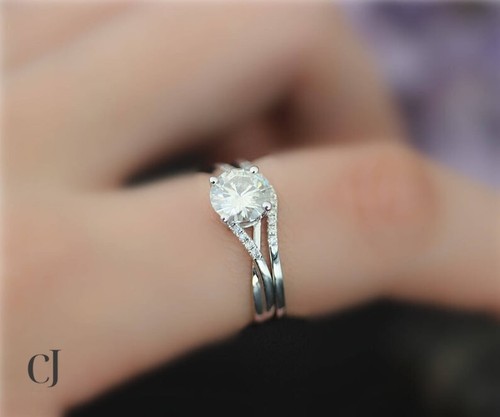 2 Carat Round Cut Moissanite Wedding Bridal Rings Set Solid 14k White Gold - Picture 3 of 8