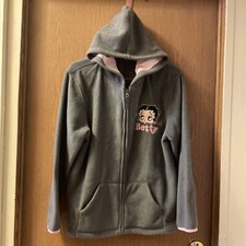 Betty Boop Fleece Jacket Gray Hooded Pink Lined Zipper Front Large 16-18 2008