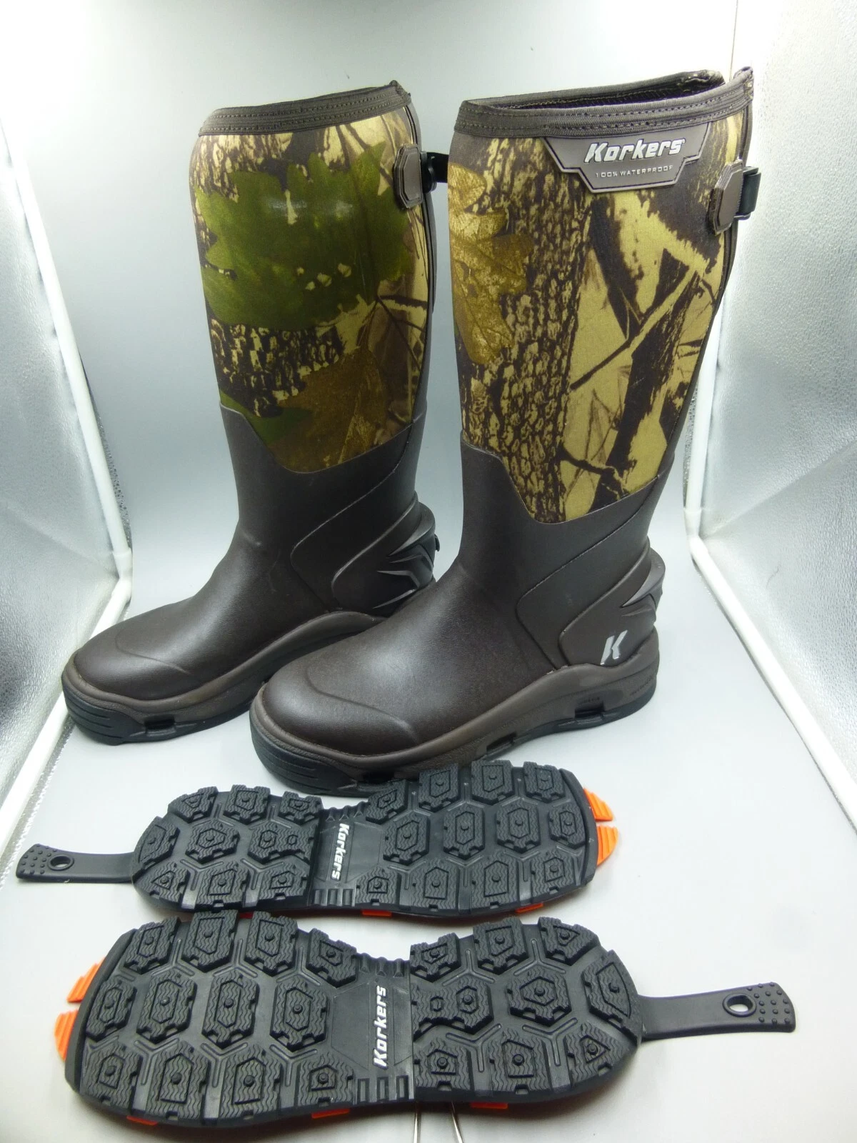 Men's size 8 Korkers Neo Storm Camo Waterproof Boots With Ninety Degree Soles