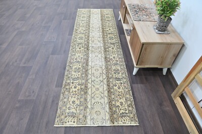 Vintage Turkish Runner Rug 2x8ft BEIGE Handmade Anatolian Oushak Hallway Wool
