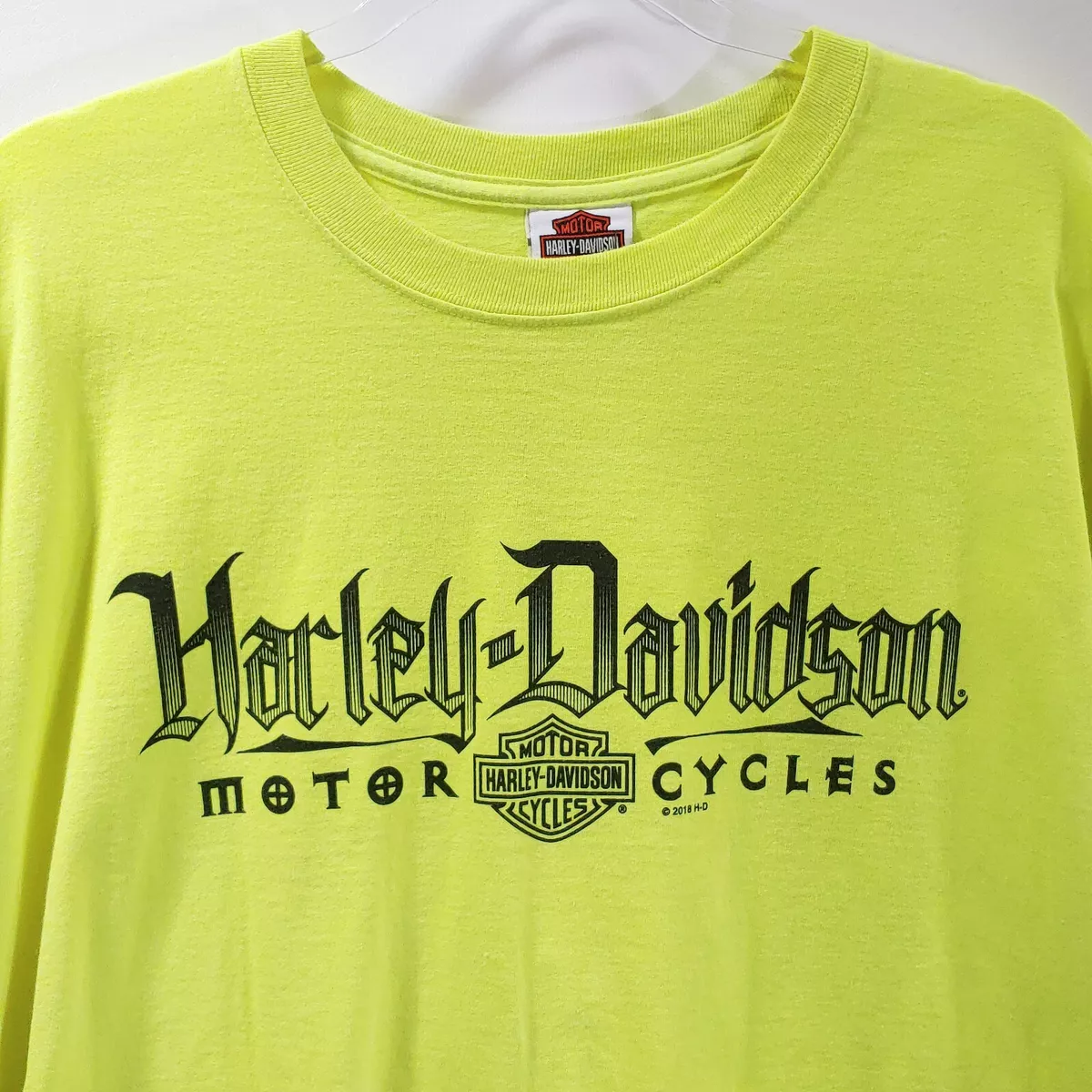 Mens Harley Davidson L Neon Green Streetwear Logo T Shirt Motorcycles Cropped