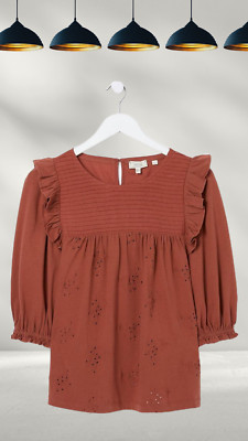 Ex Fat Face Damen 3/4 Arm Marlo besticktes Top in rostbraun (etwas defekt)