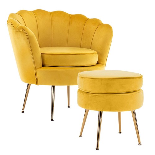 NNEDSZ Shell Scallop Yellow Armchair Accent Chair Velvet + Round Ottoman Footsto