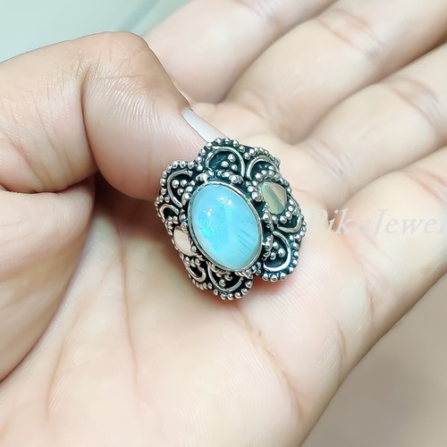 Bague En Argent Sterling 925 Avec Pierre De Lune Arc-en-ciel - Faite Main - Taille Ajustable - Cadeau Romantique