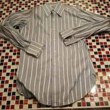 VTG 60's 70's OLEG CASSINI FRENCH CUFF Dress Shirt 15x34 MEDIUM Stripped Blue