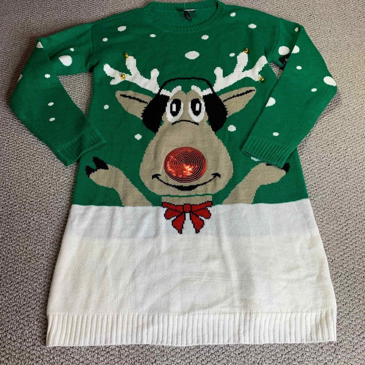 allison brittney christmas dress Allison Brittney Womens Dress Large Green Christmas Bell Deer Rudolph Knit  NEW