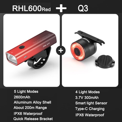 ROCKBROS Headlight and Taillight Combination Bike Front Rear Light Set USB-C LED - Picture 36 of 72