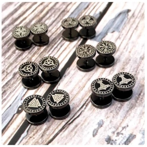 Unisex Stainless Steel Norse Viking Runes Barbell Black Stud Earrings Gift UK - Picture 3 of 21