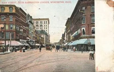c1905 Main Street Harrington Square Scene Trolley Signs Worcester MA  P352