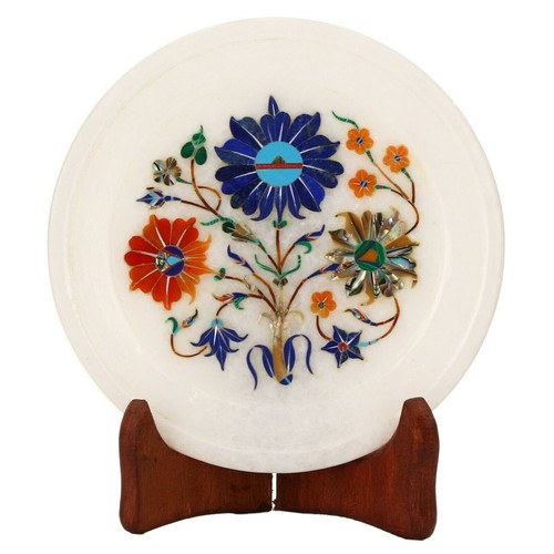 White Marble Plate Floral Lazuli Inlay Semi Precious Christmas Present Art Decor