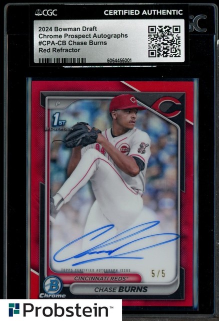 2024 Bowman Chrome Red Refractor Chase Burns RC Rookie AUTO 5/5 CGC Authentic