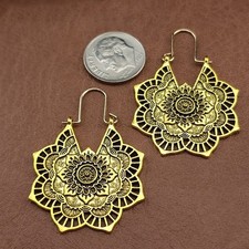 Lotus Flower Hoop Earrings Boho Mandala Drop Gold tone Hippie Festival