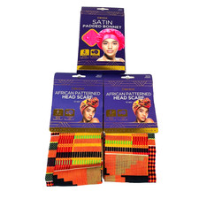 Donna African Patterned Head Scarves 13"x60"  Satin Padded Bonnet Set 3-Pack 