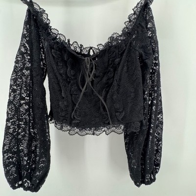 Privy Lace Crop Top Womens Medium Black Lace-up Long Sleeve Goth PT40732N