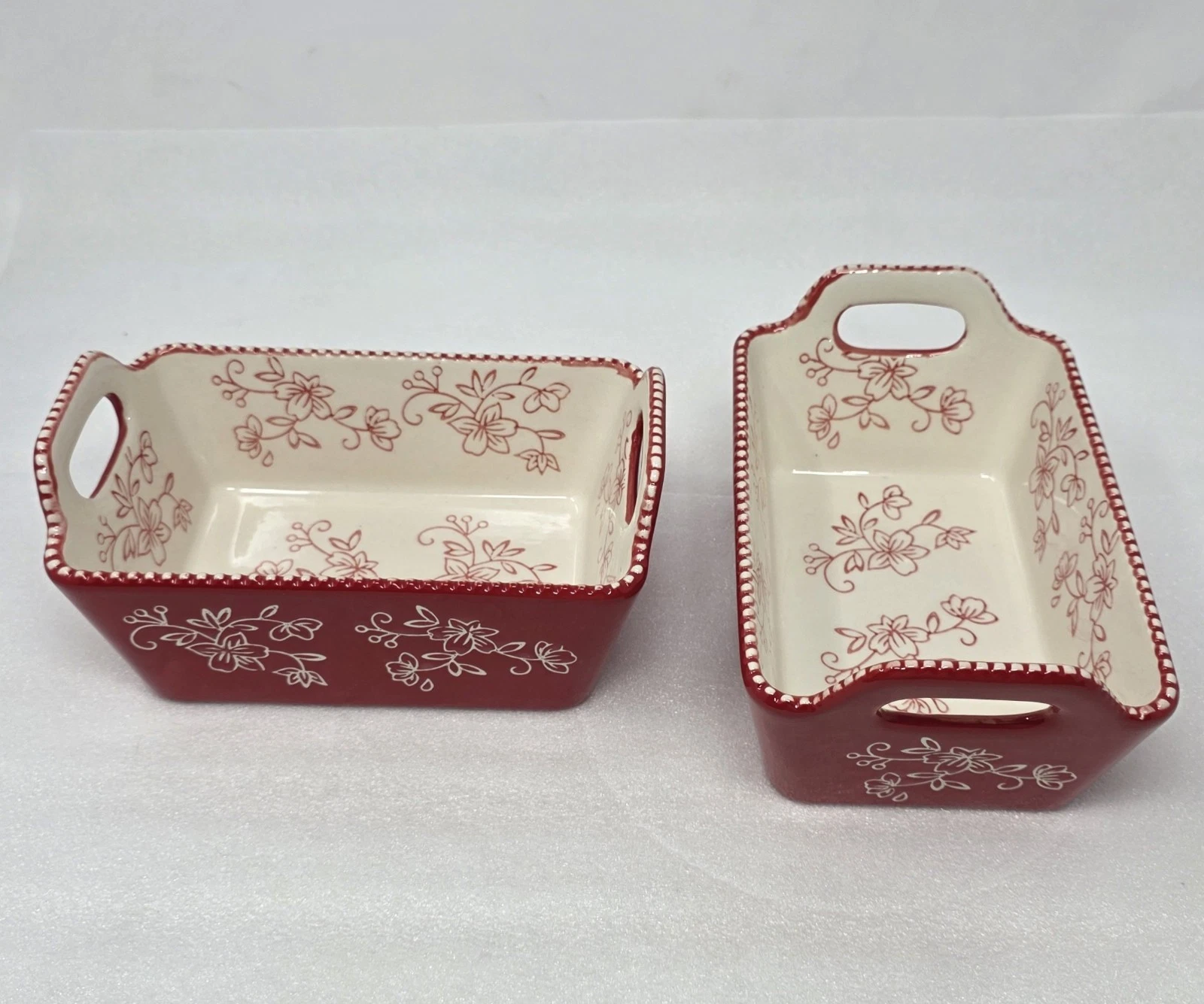2 Temptations Red Floral Lace Oven-To-Table 19 Oz Casserole Dishes Loaf Pans