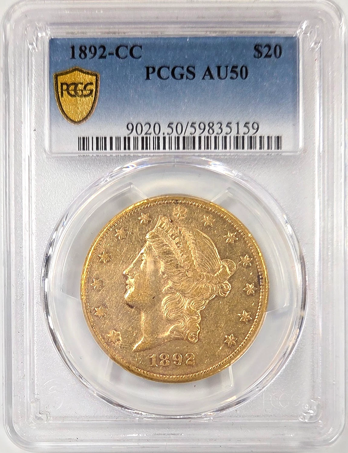 1892-CC $20 Gold Liberty PCGS AU50