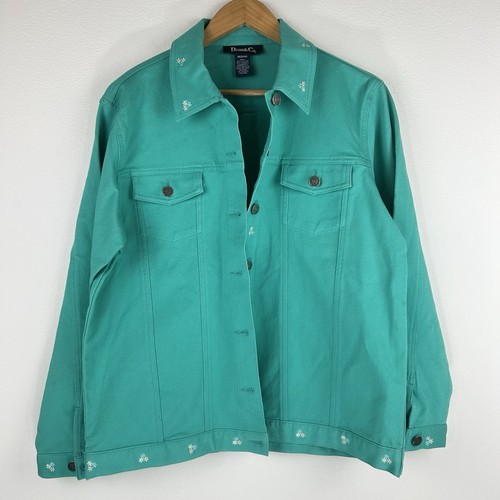 Denim & Co Women’s Medium Teal Denim Jacket with Floral Accents - Picture 1 of 8