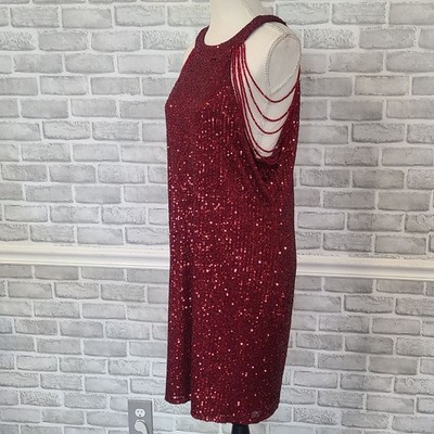 Sweet Generis Ruby Red Beaded Shoulder Sequin Mini Dress NEW 3X Flapper Glam