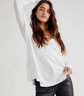 Free People We The Free Women's White Long Sleeve Jaycee V-Neck Cotton Top Sz XL