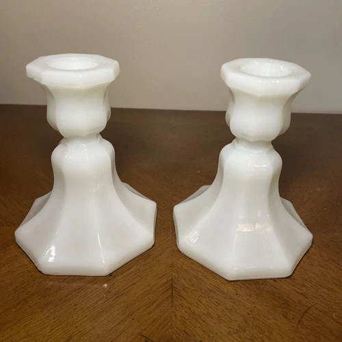 2 Vintage White Milk Glass Octagonal Taper Candlestick Holders 4.75” Cottagecore