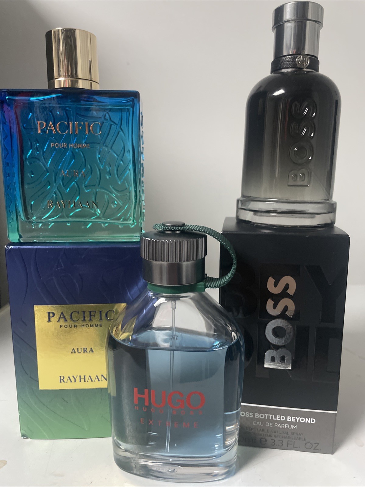 Rayhaan Pacific Aura 90% Full, Hugo Boss Extreme 80% Full, Boss Beyond 80% Full