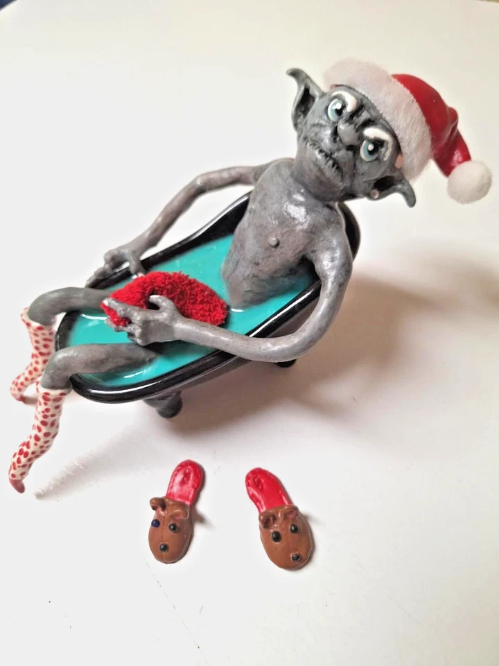 HO HO HO Santa's Anatomically Correct Ornery Elf Gnome Art Doll Sculpt in tub - Image 2 of 4